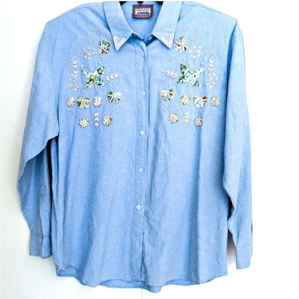 VINTAGE Embellished button down denim blouse Large